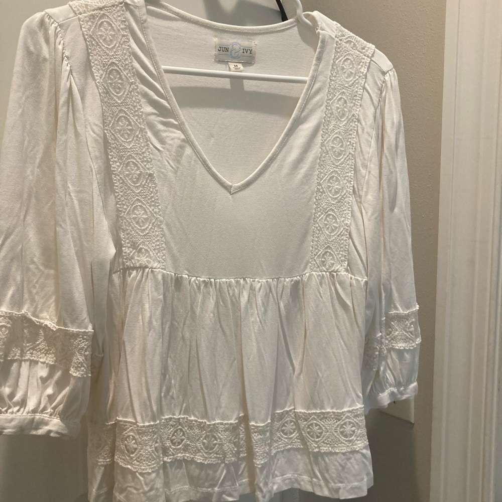 Cream Crochet Detail V-Neck Juliette Sleeve Blouse, Size medium